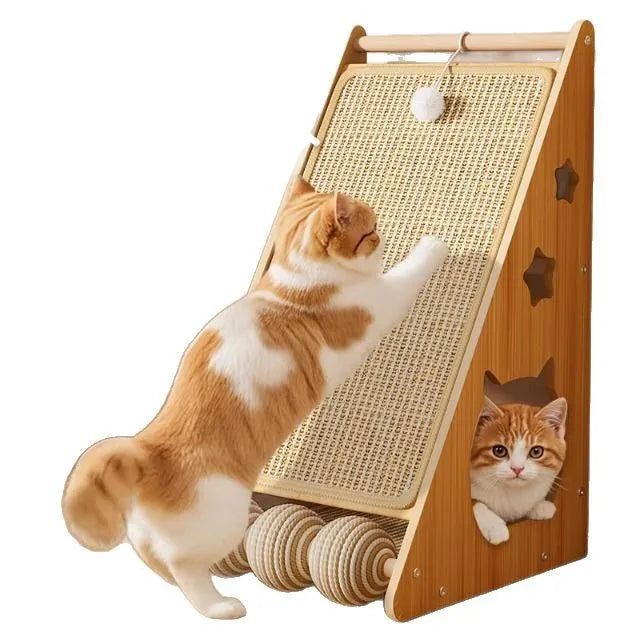 Vertical wall-mounted cat scratch board with sisal surface and a hemp rope ball toy.