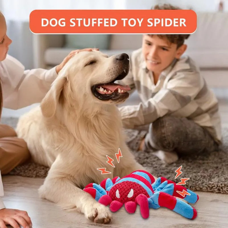 Red plush teddy dog toy with bite-resistant construction and squeaker for medium/large puppies
