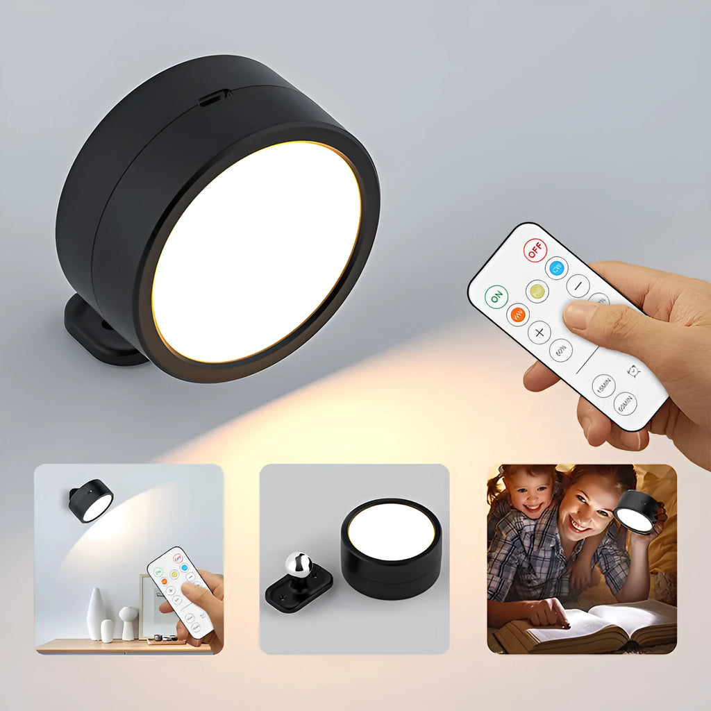 Round rotatable wall lamp with built-in battery, magnetic suction mount, and remote control in black shell, geometric stereo design