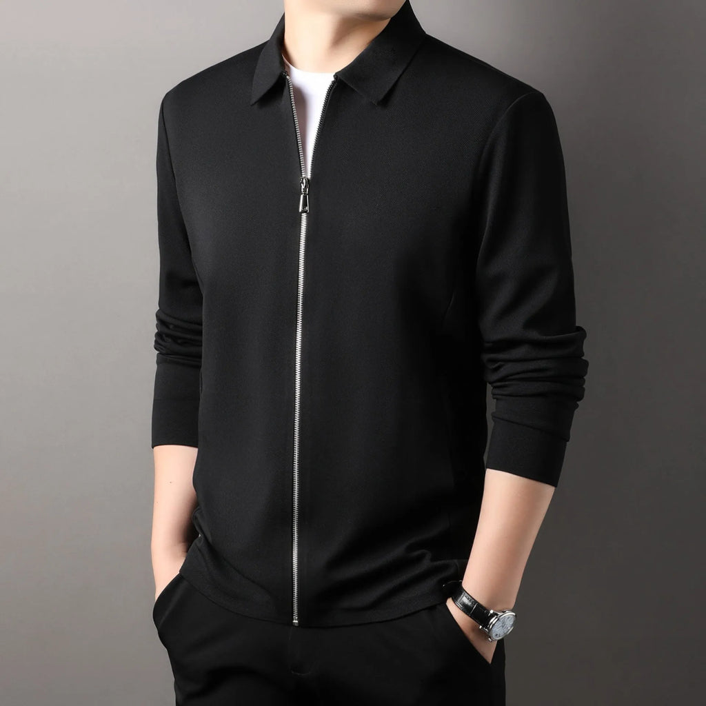 Men's straight hem business-casual jacket in black, dark gray, or apricot polyester.