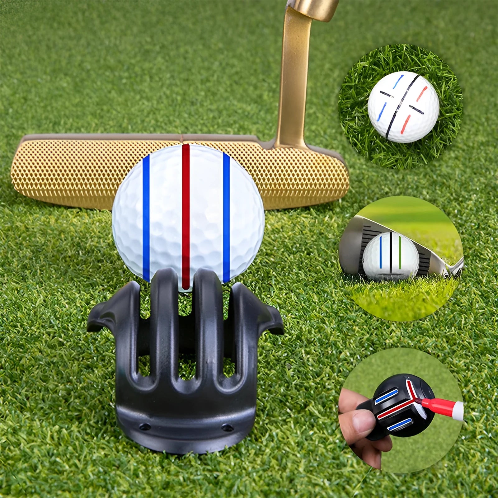 Golf putting alignment tool set with plastic scribers and drawing pens on a green.
