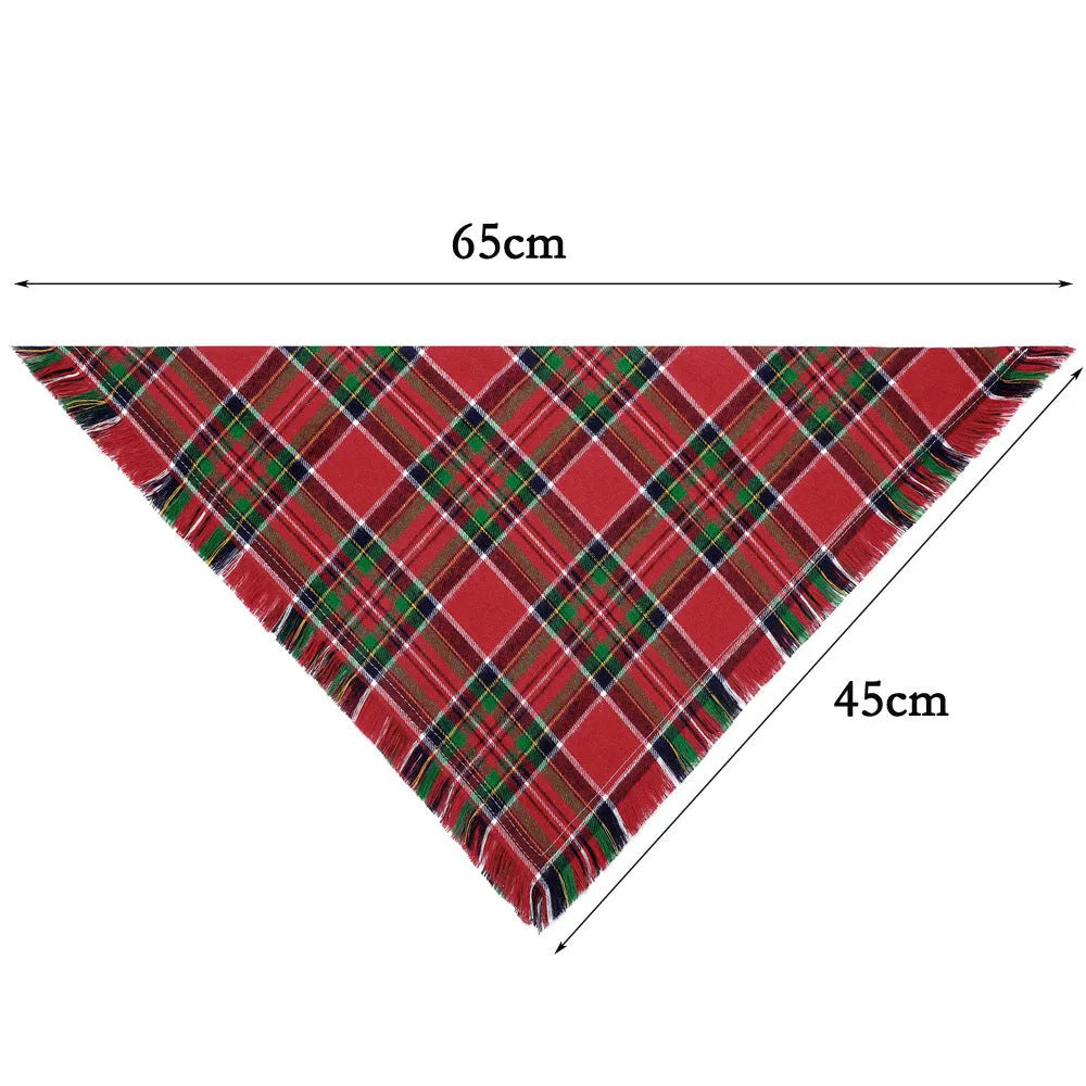Classic plaid dog bandana with tasselled edges in autumn colours tied around dog's neck