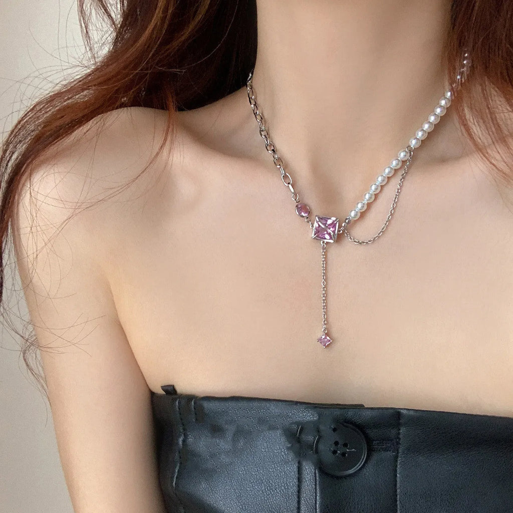 Pink crystal geometric necklace with stainless steel box chain and mixed gem inlay pendant
