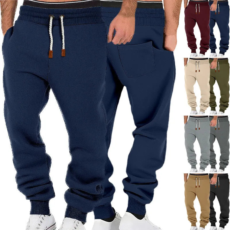Men's solid colour fleece-lined cuffed sweatpants in army green with drawstring waist
