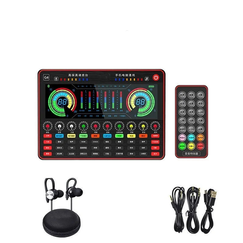 G4 professional live sound card mixer with colourful LCD screen and microphone on a desk.