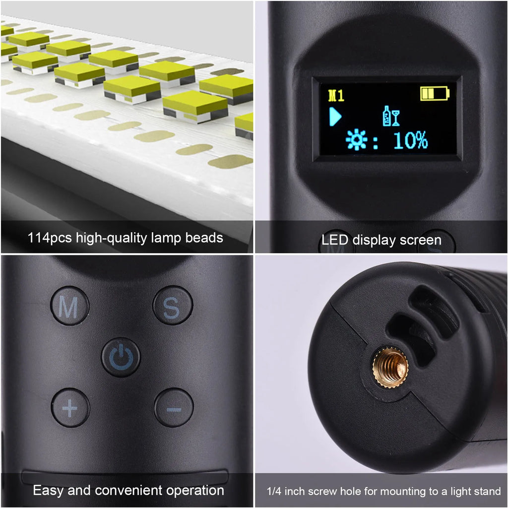Handheld LED photography light stick showing adjustable colour temperature and a 1/4 inch tripod mount thread.