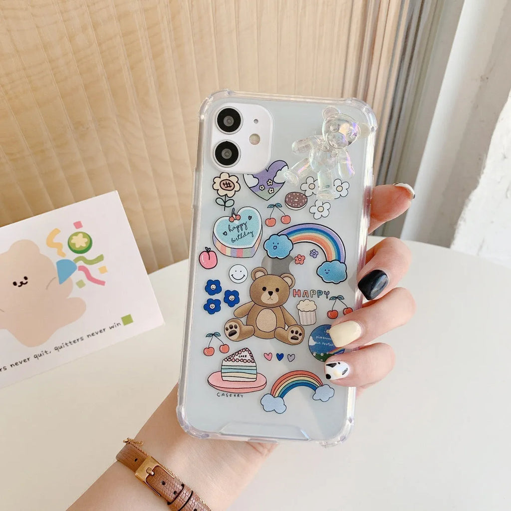 Bear chain charm on a TPU protective case for iPhone, featuring a Japanese Korean cartoon style design.