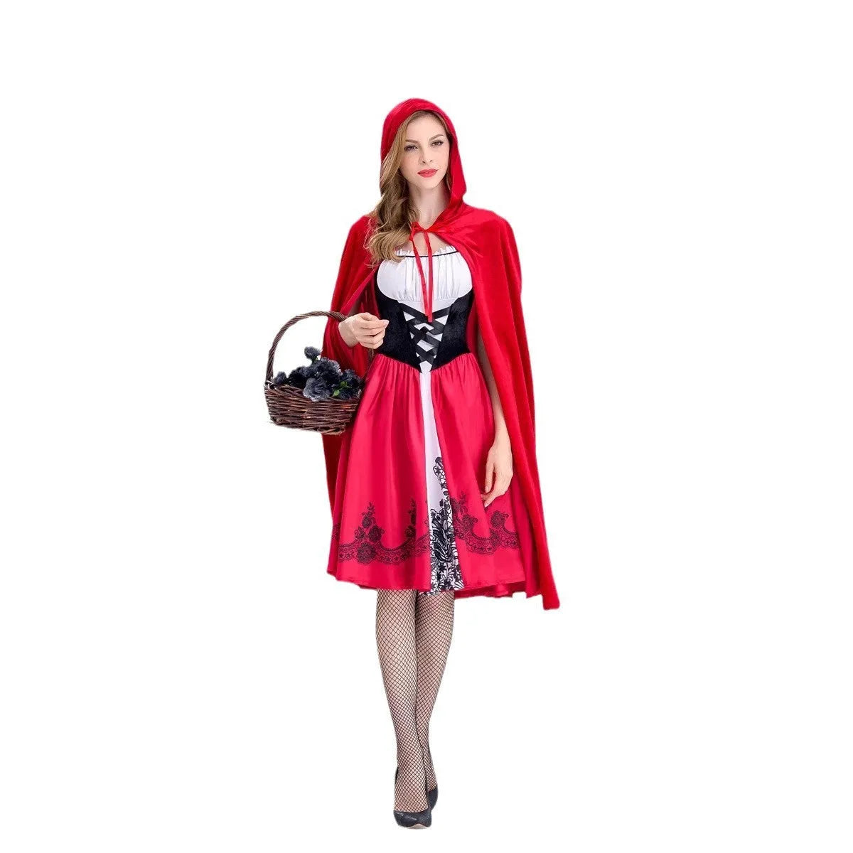 Women's Little Red Riding Hood ball costume set with dress, shawl, and gloves in polyester, available in sizes S to 4XL