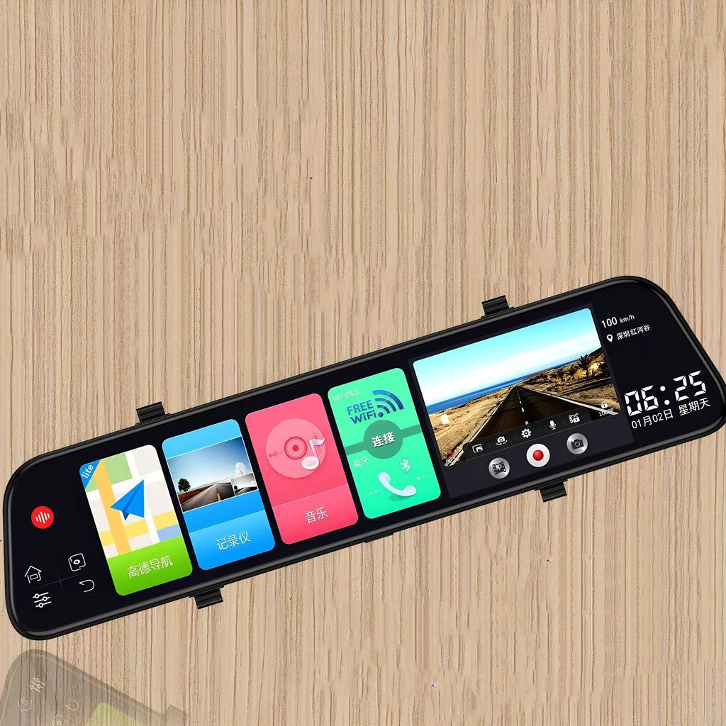 12-inch rearview mirror car tachograph with touchscreen display and dual cameras for front and rear recording