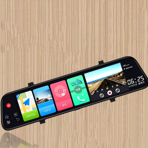 12-inch rearview mirror car tachograph with touchscreen display and dual cameras for front and rear recording