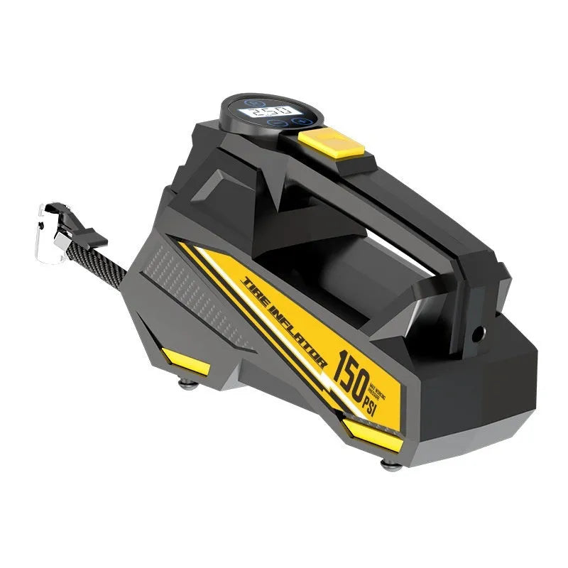Black portable car tyre inflator with digital display and LED light, powered by 12V socket.