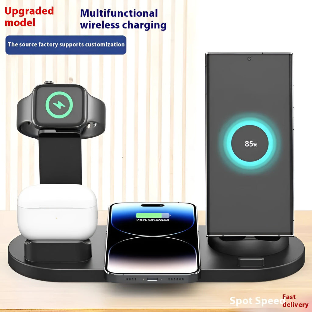 15W wireless charging stand with phone, headset and watch holders in metallic finish