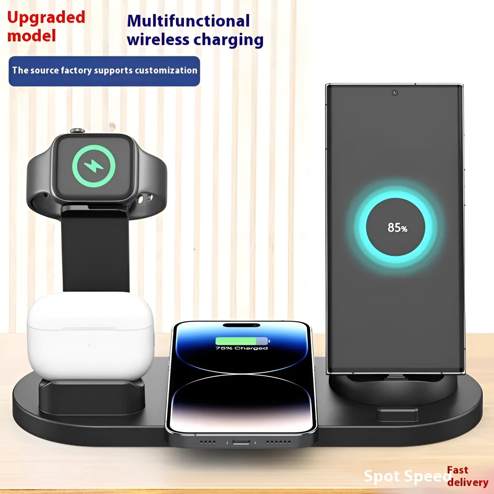 15W wireless charging stand with phone, headset and watch holders in metallic finish