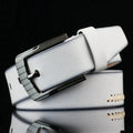 Men's imitation leather casual belt with alloy pin buckle in black, shown at 110cm length