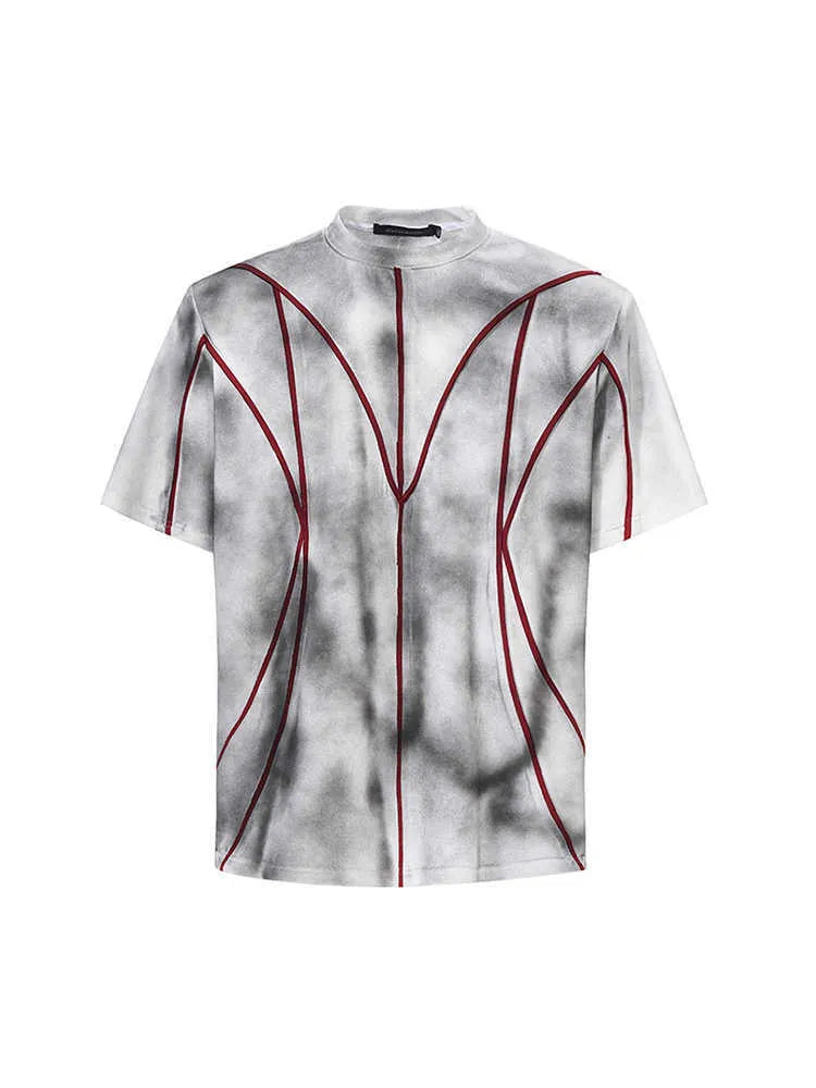 Women's padded shoulder short sleeve T-shirt with textured patchwork design on round neck top