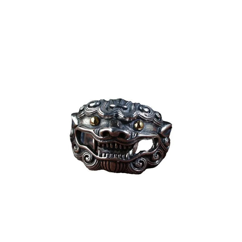 Silver open ring with jibeast pattern and diamond accents showing zodiac animal design