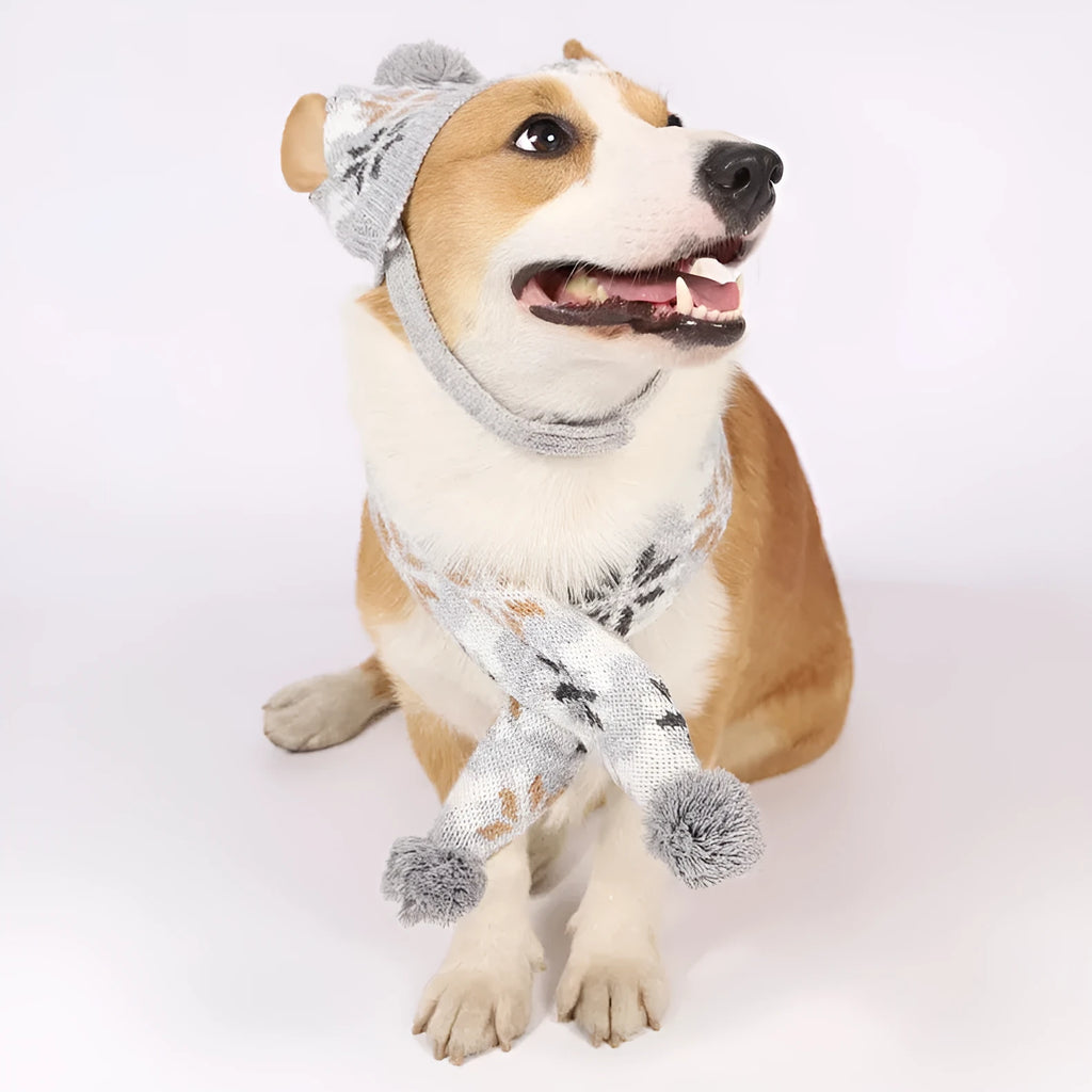 Grey and pink Japanese-style retro jacquard knitted dog jumper sets with matching hat and scarf.