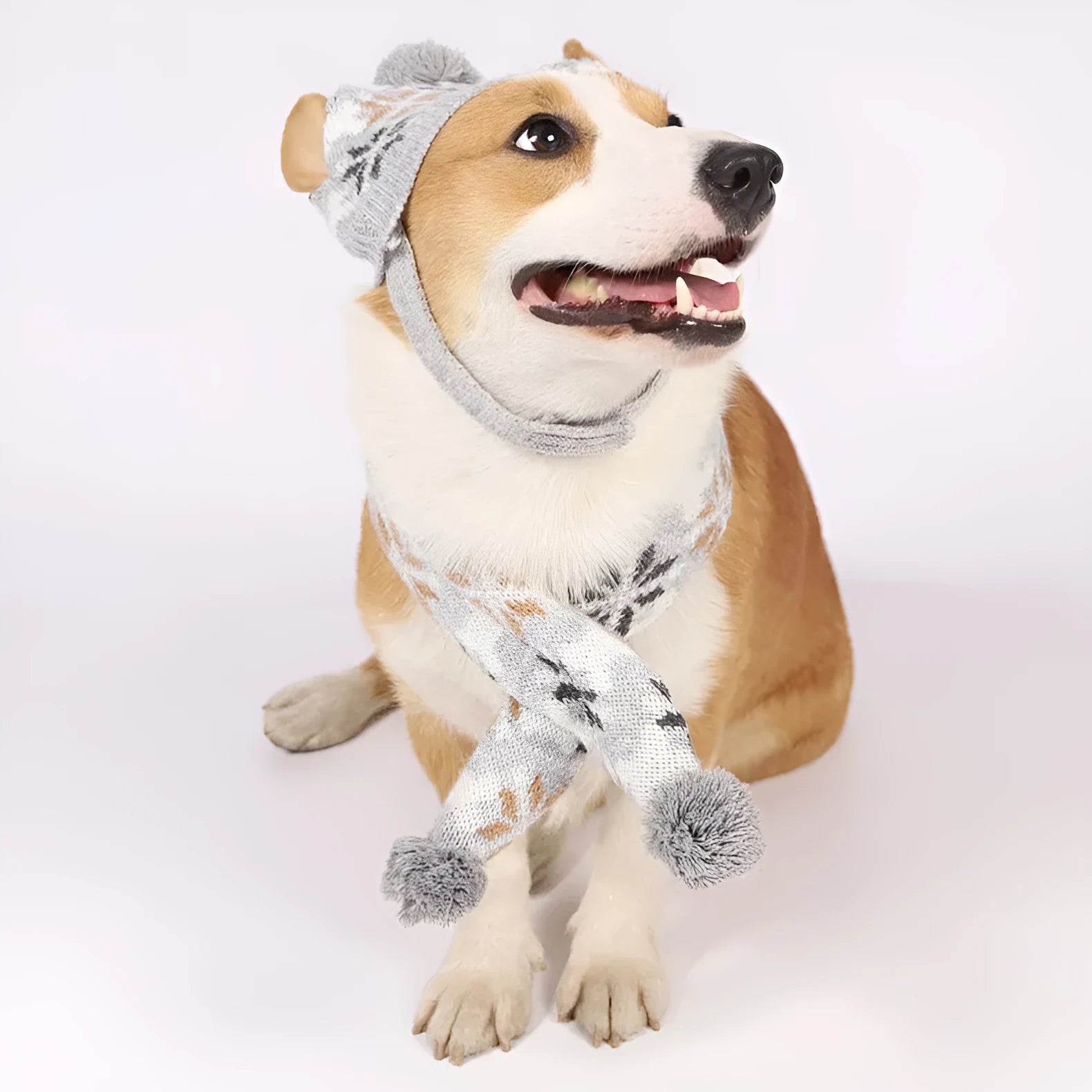 Grey and pink Japanese-style retro jacquard knitted dog jumper sets with matching hat and scarf.
