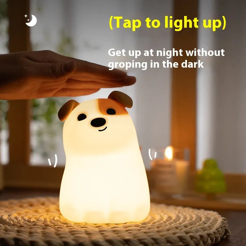 Fashion silicone puppy dog pat night light with built-in battery and Type-C charging on a table