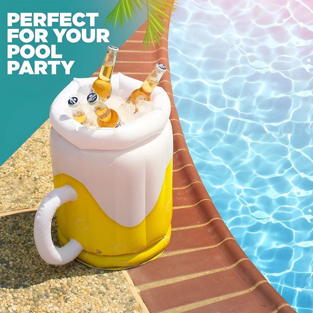 Large yellow inflatable beer mug shaped pool float drink cooler with ice compartment