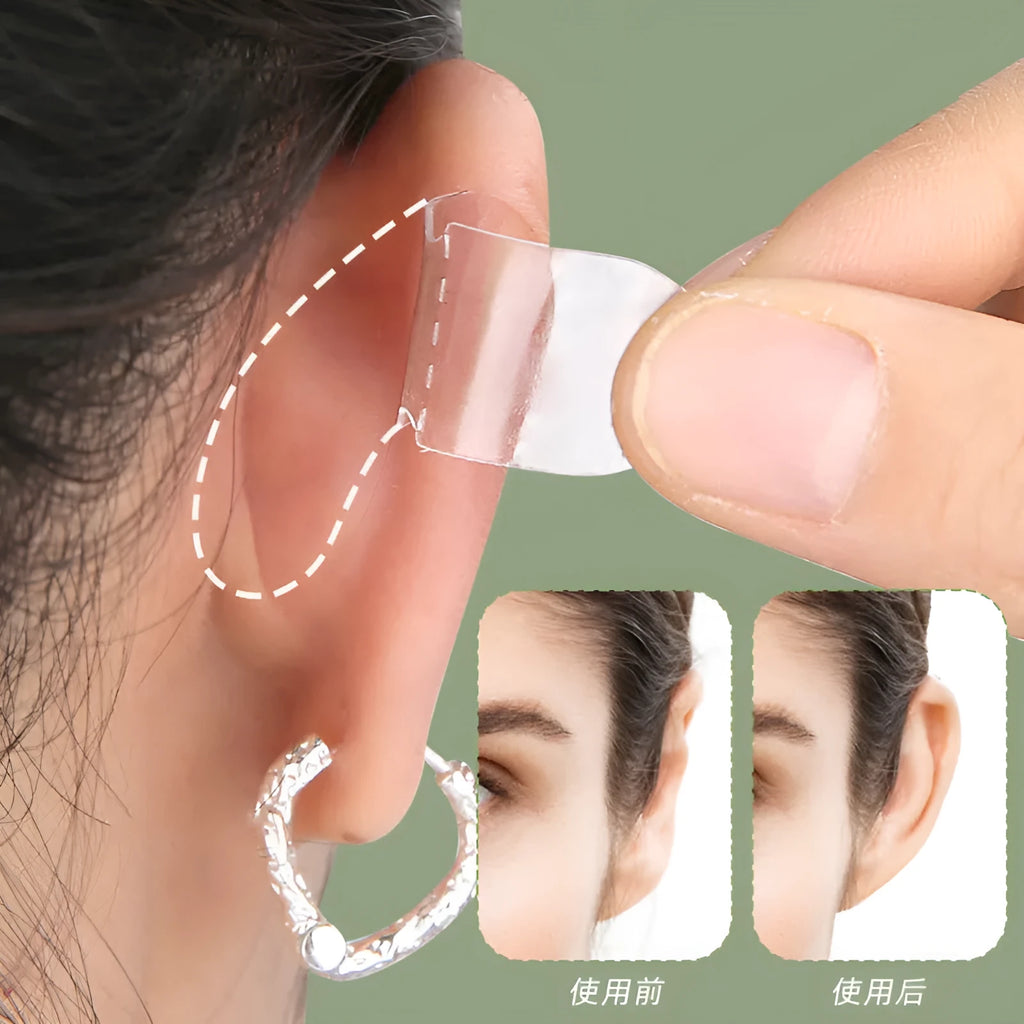 Transparent and frosted disposable ear patches showing adhesive backing and 0.1cm thickness