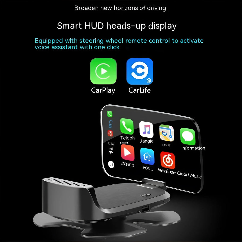 Black HUD head-up display projector for cars with OBD connection showing digital speed projection