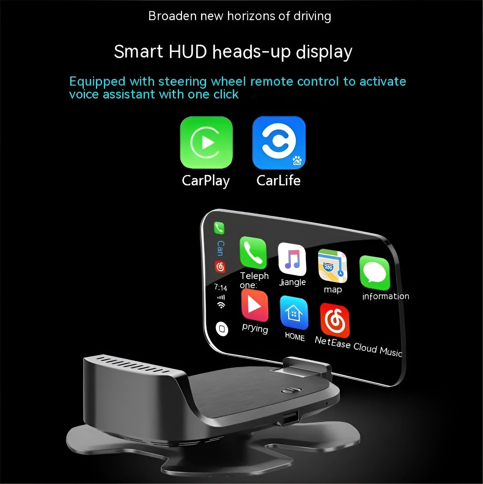 Black HUD head-up display projector for cars with OBD connection showing digital speed projection