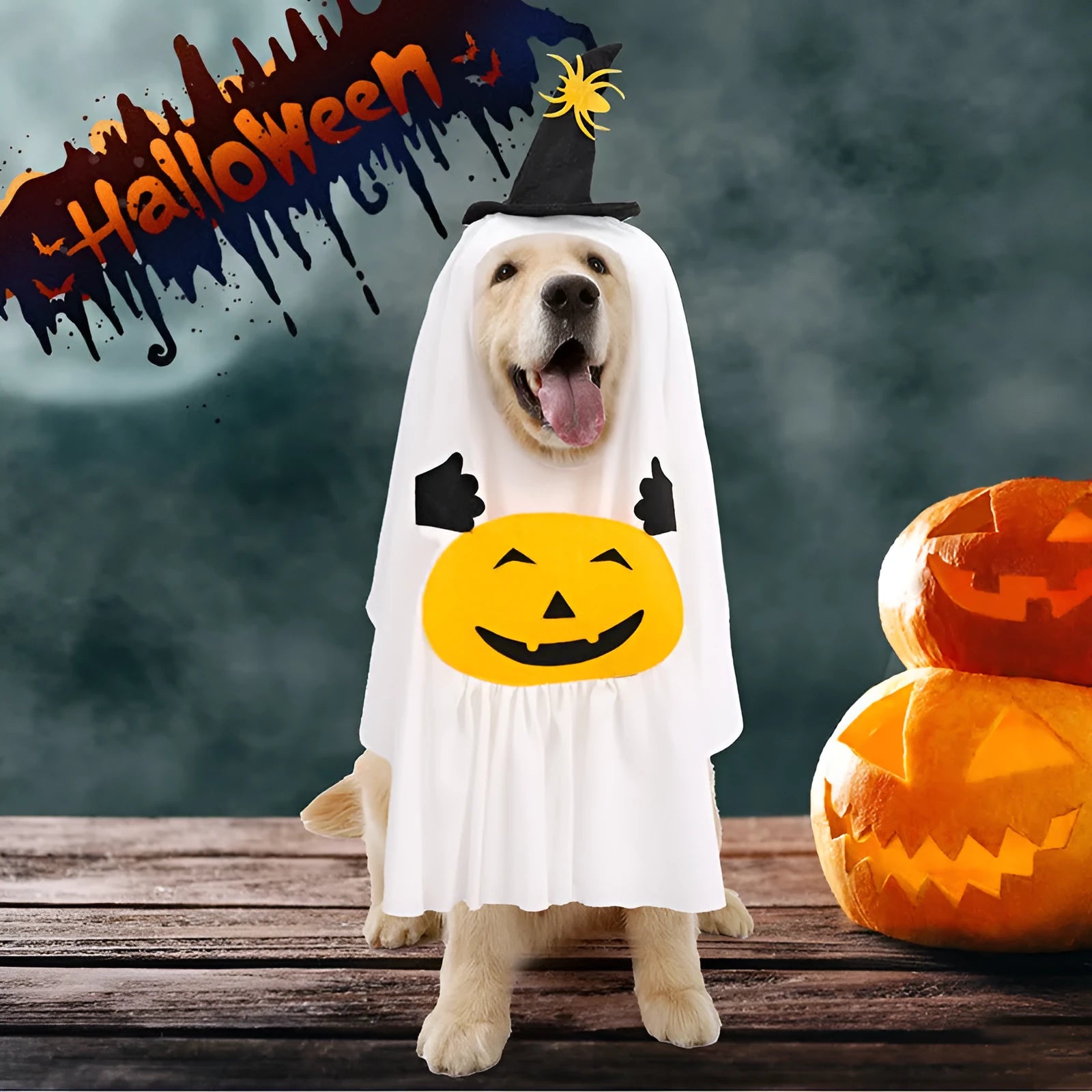 White pumpkin ghost Halloween costume for dogs, shown in viscose fibre material with S, M, L size options.