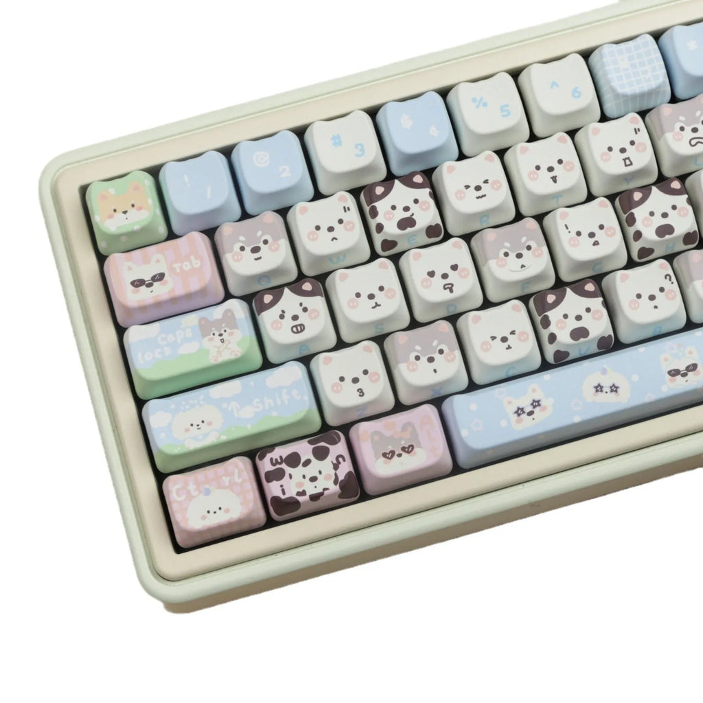 Full set of PBT key caps with colourful cat and puppy designs for mechanical keyboards