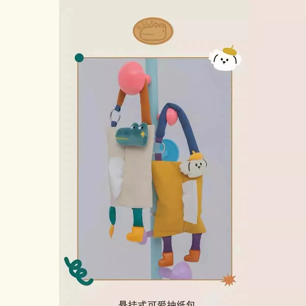 Soft plush hanging car tissue bag in hat dog design, showing hanging loop and pouch.