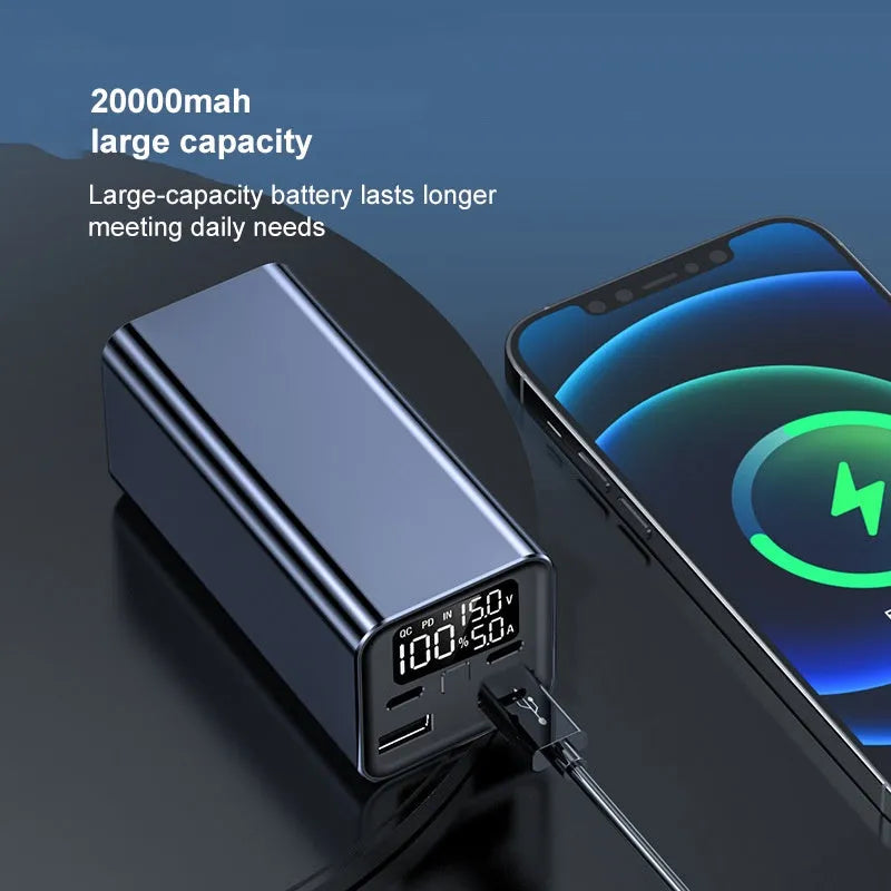 A black metal 65W laptop power bank with 20000mAh capacity, showing size compared to a hand.