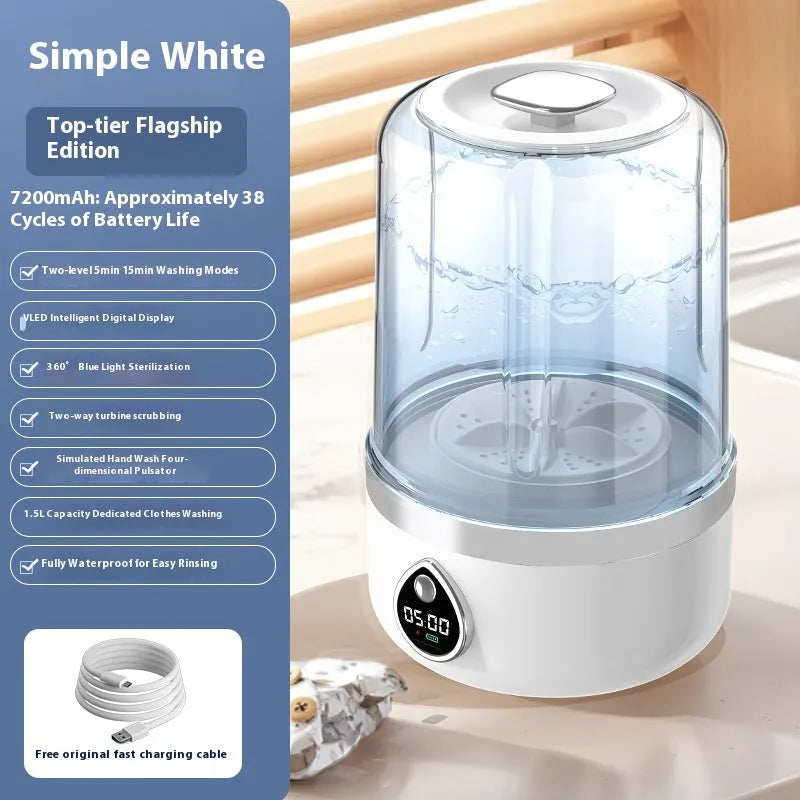 White portable mini washing machine with USB cable on a countertop.