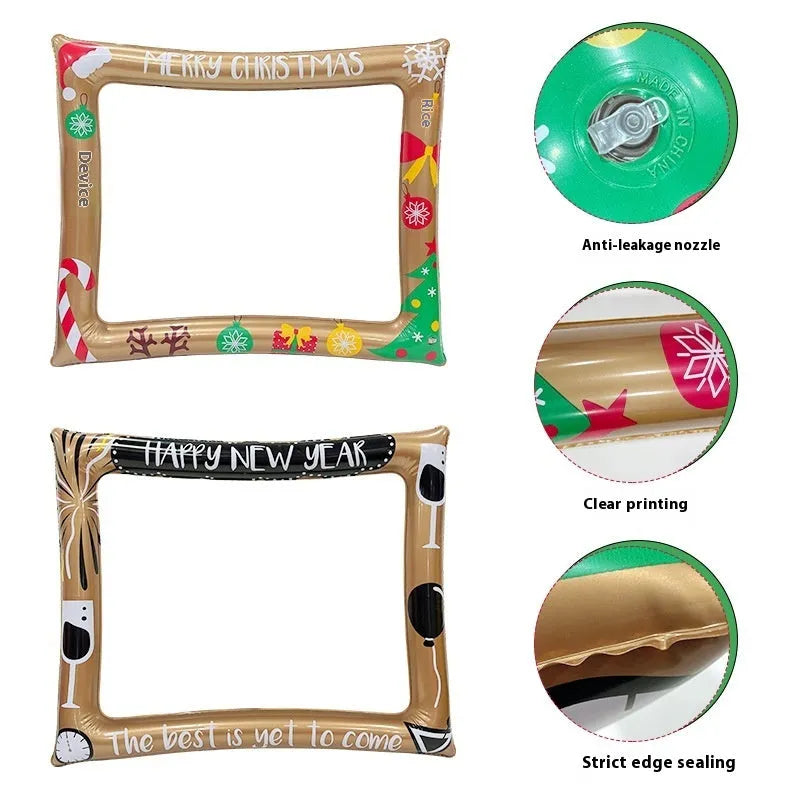 Large red, green, and white Christmas-themed inflatable photo frame made from PVC material.