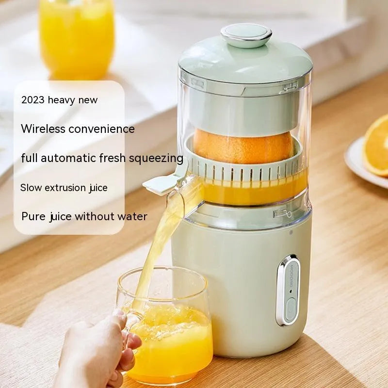 Fresh green wireless portable electric juicer with USB charging cable on a kitchen counter.