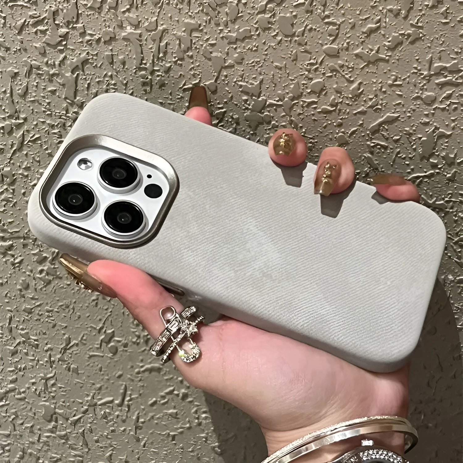 Magnetic leather flannel phone case for Apple iPhone, shown in silver grey colour.