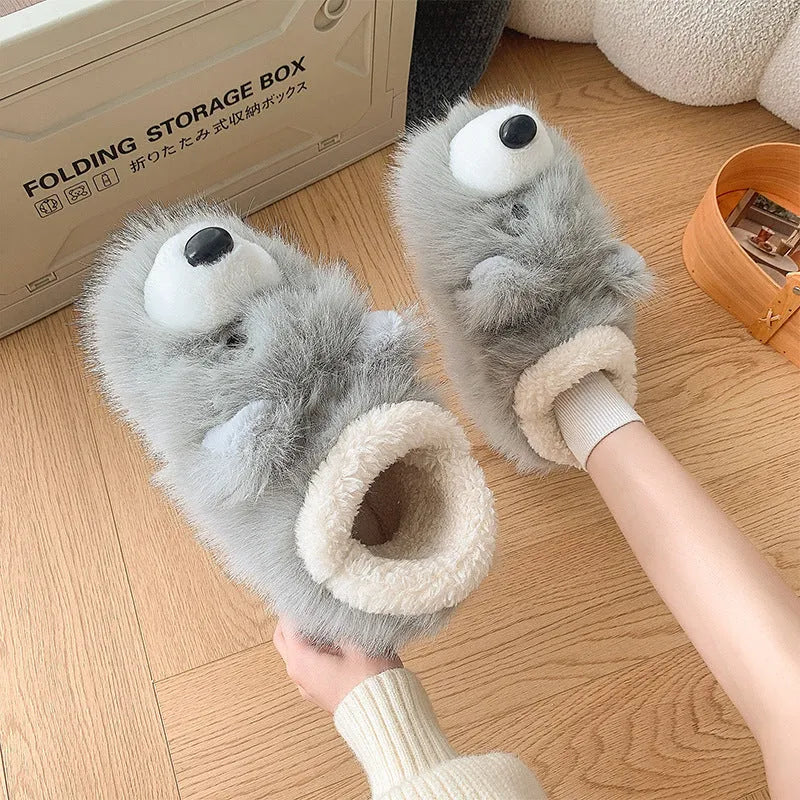 Grey and white ankle wrap cotton slippers with plush upper and artificial wool lining for home wear