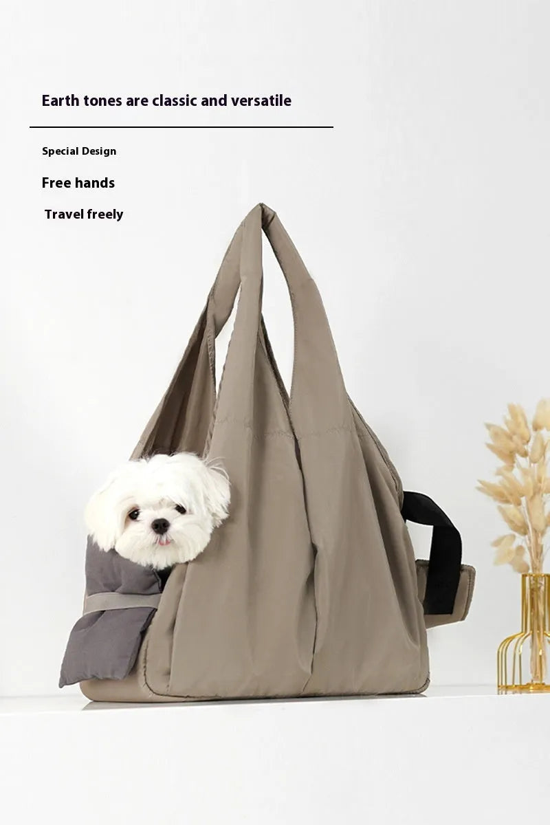 Apricot coloured cloth pet carrier handbag with shoulder strap for dogs and cats