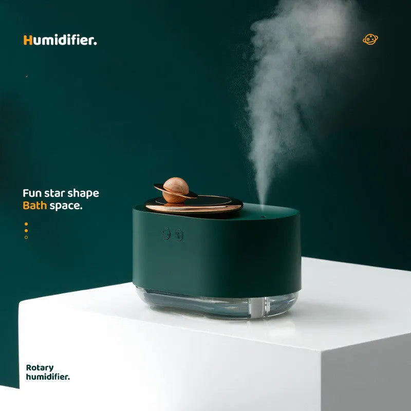 Rotating planet USB car humidifier with night light in green, pink, or white colours