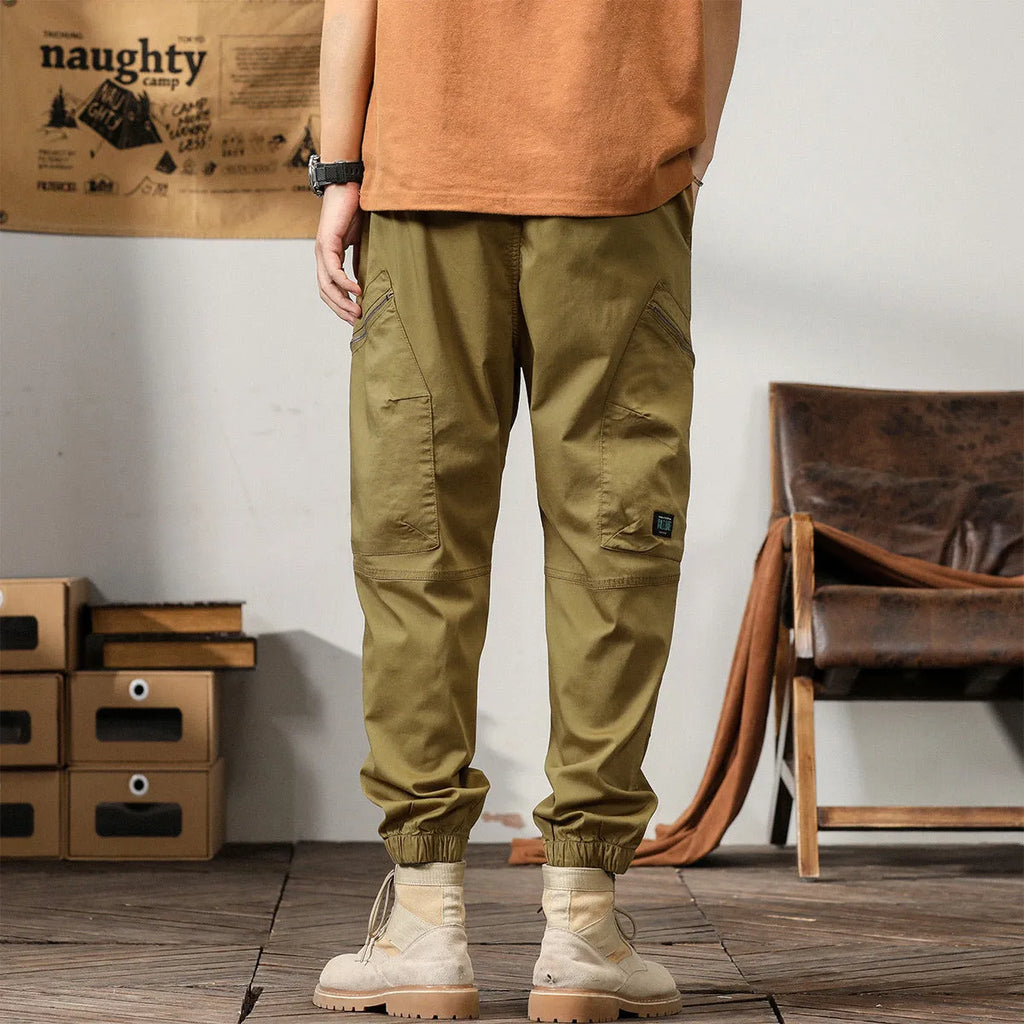 Men's khaki cotton retro overalls with tapered harem style and ankle banded legs