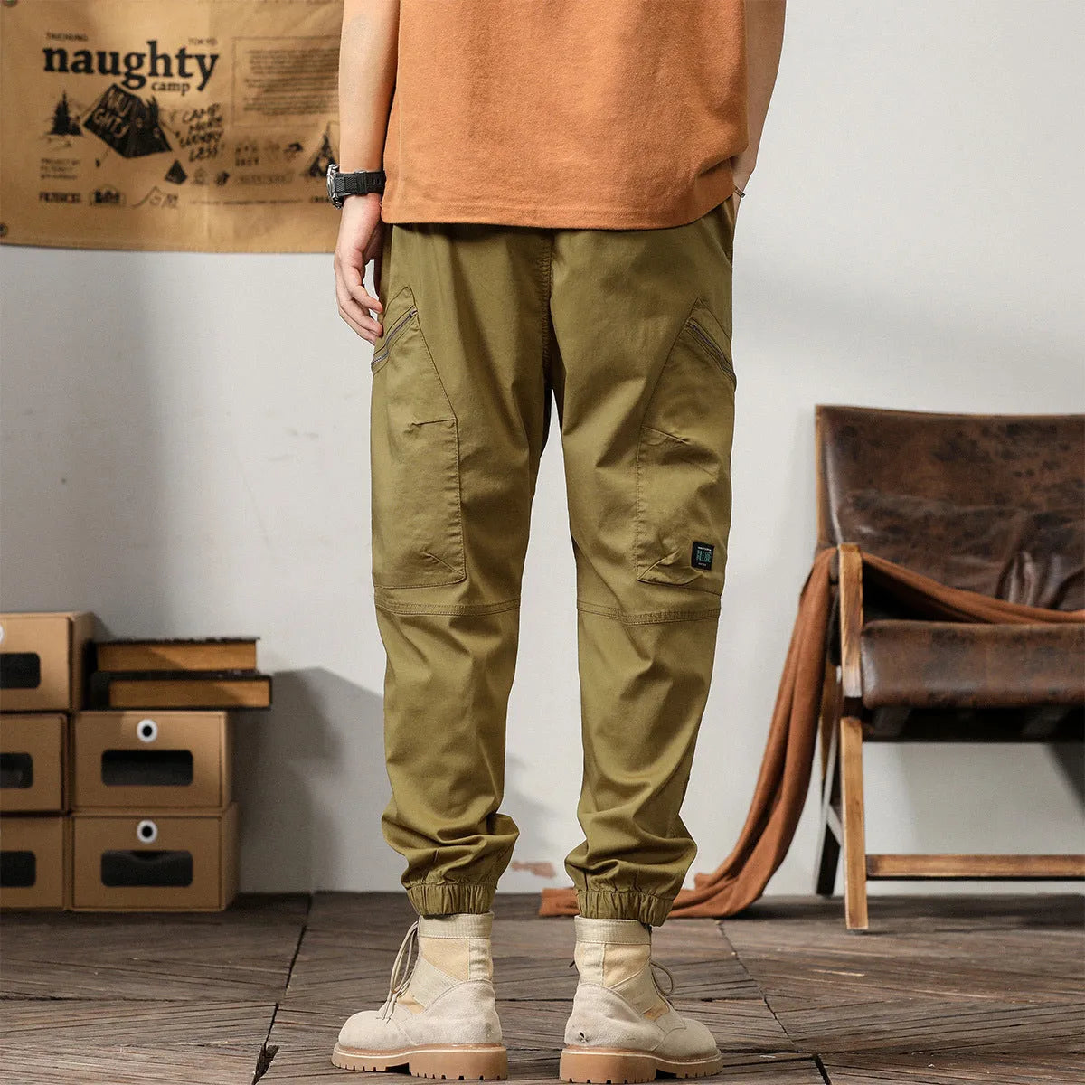 Men's khaki cotton retro overalls with tapered harem style and ankle banded legs