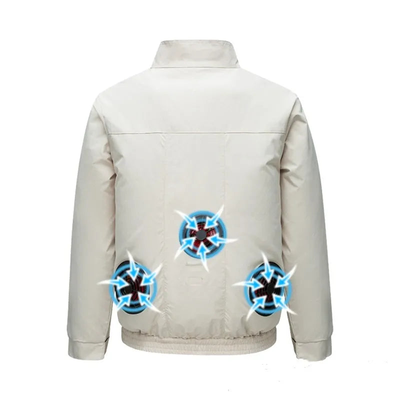 Men's black smart air conditioning jacket with multiple ventilation holes for outdoor summer work.
