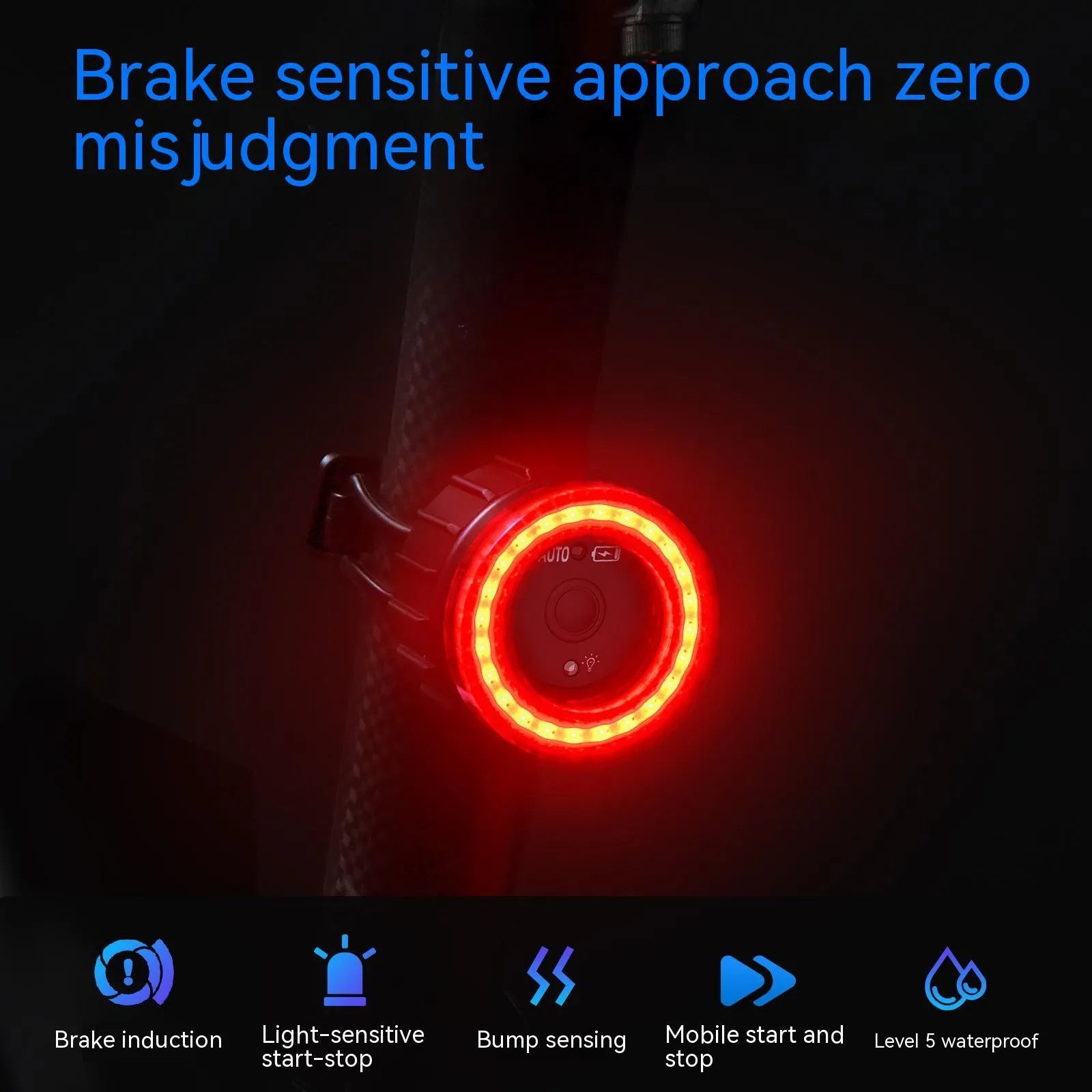Black aluminium alloy intelligent induction brake taillight for bicycles with seat tube mounting bracket