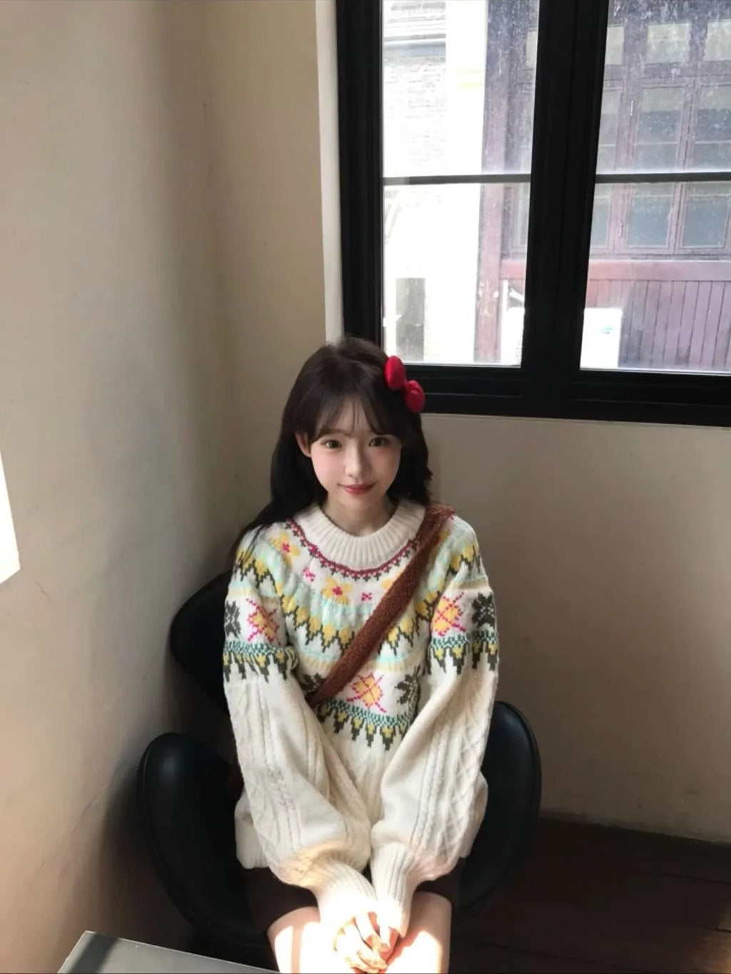Women's Milky White lantern sleeve pullover sweater with Mori-style textured knitting