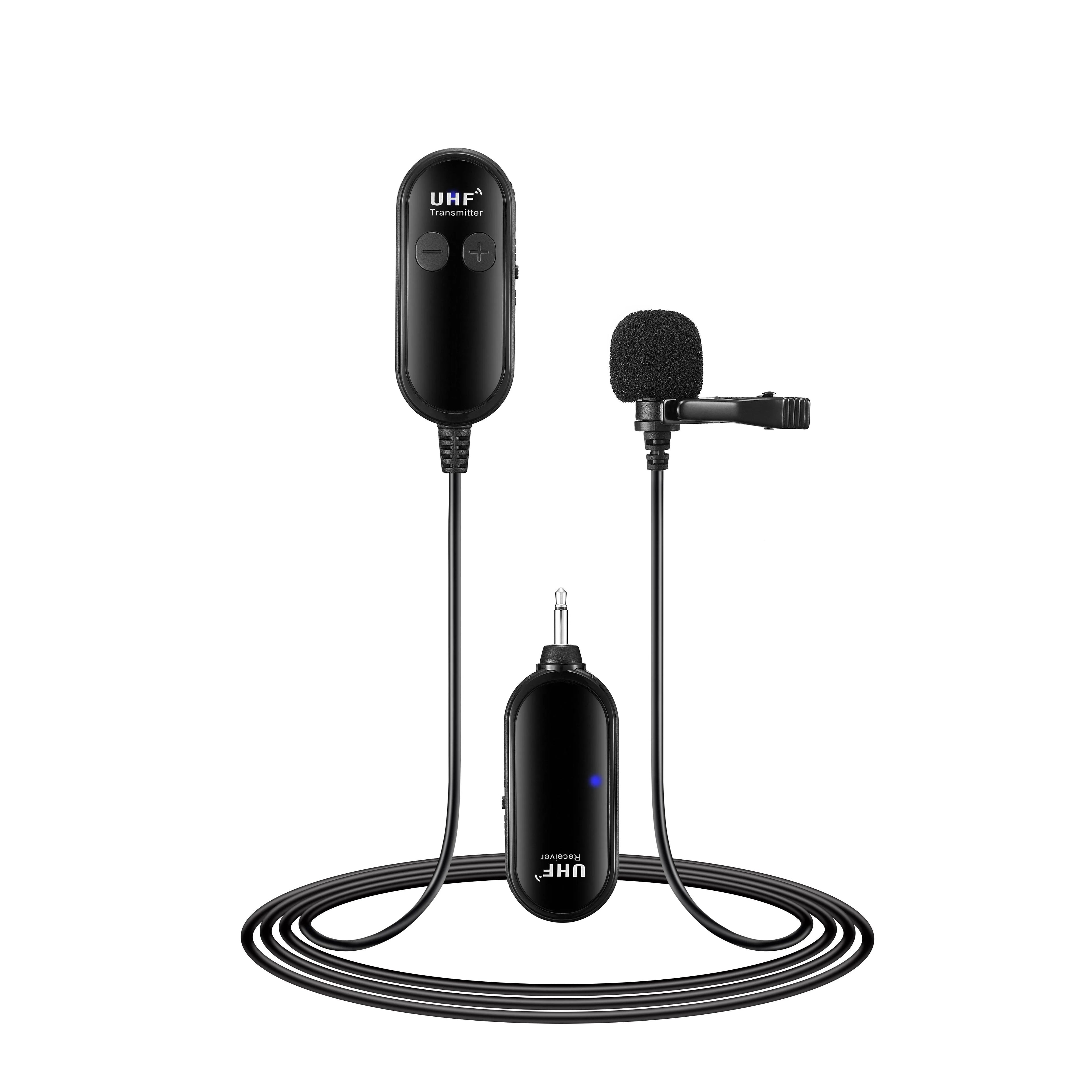 A wired lavalier microphone with a clip, shown for professional audio recording.