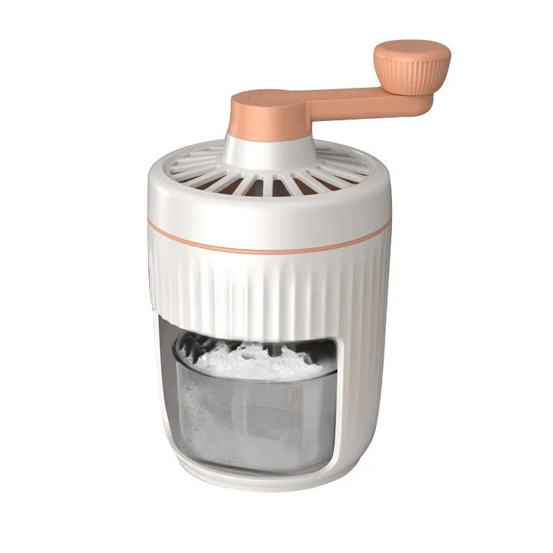 Hand-cranked ice shaving machine in green or orange with removable ice box, PP ABS and 304 stainless steel construction