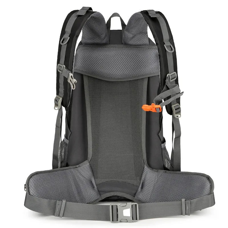 Gray outdoor hiking backpack 20-35L nylon with bracket support and air pillow belt