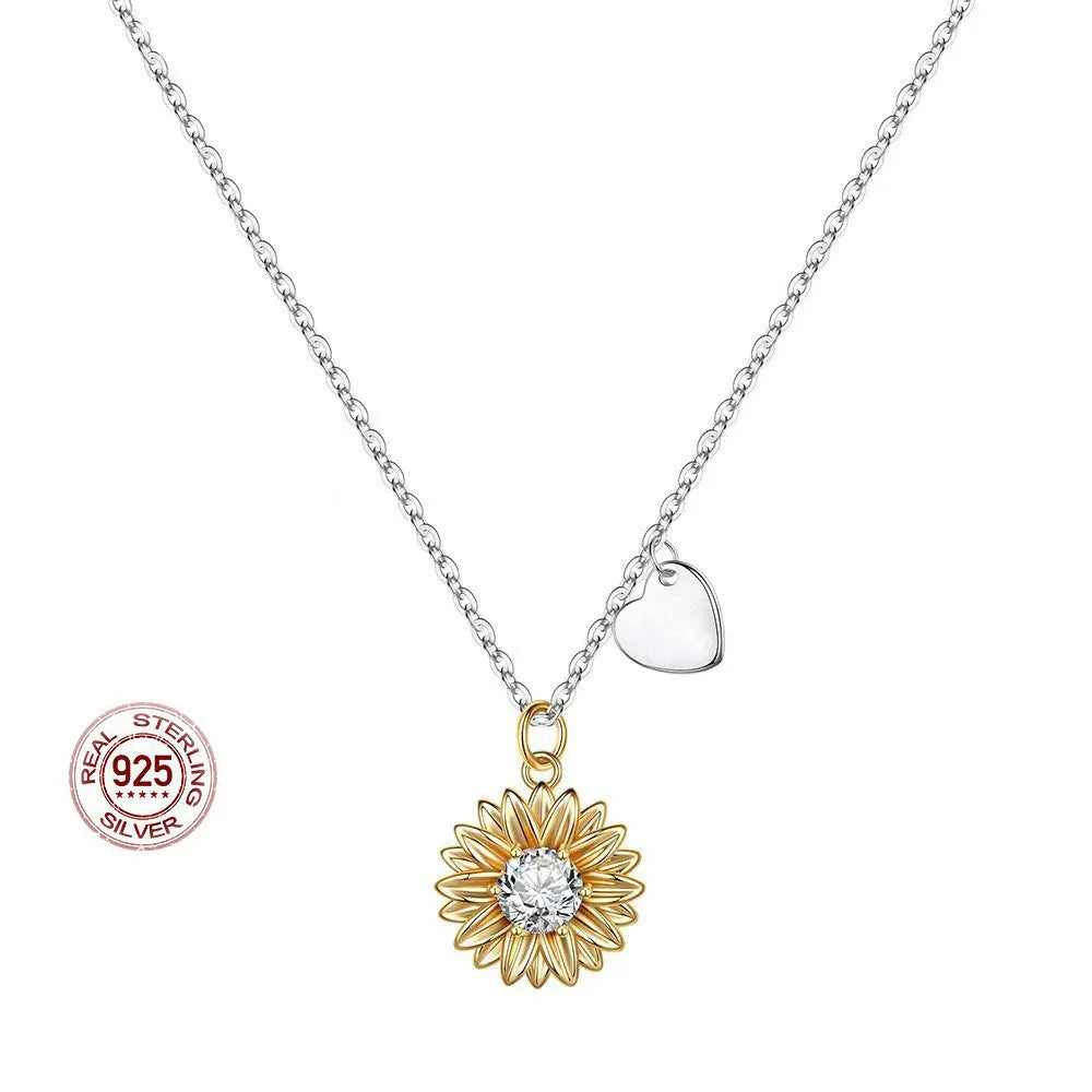 925 silver Love Sunflower necklace with geometry pendant and adjustable cross chain.