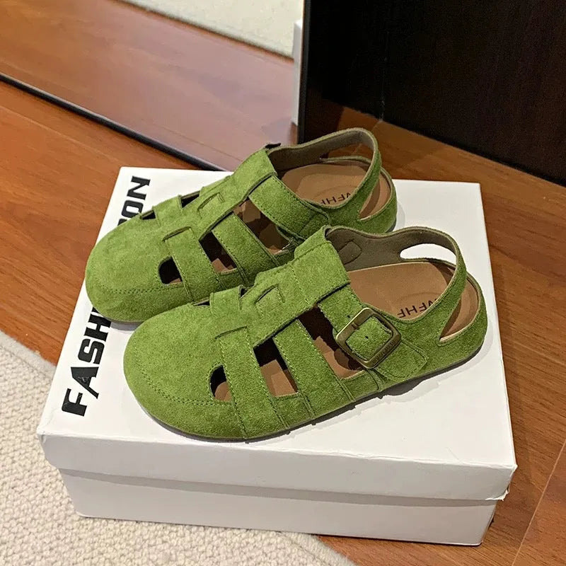 Retro closed toe sandals with two-way hollow-out design in khaki, square toe, rubber sole