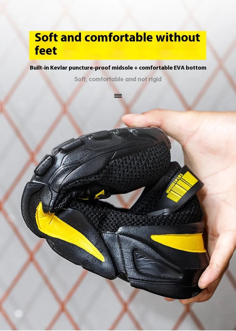 Men's Flyknit safety work shoes with steel toe caps in black, grey, and yellow colour options