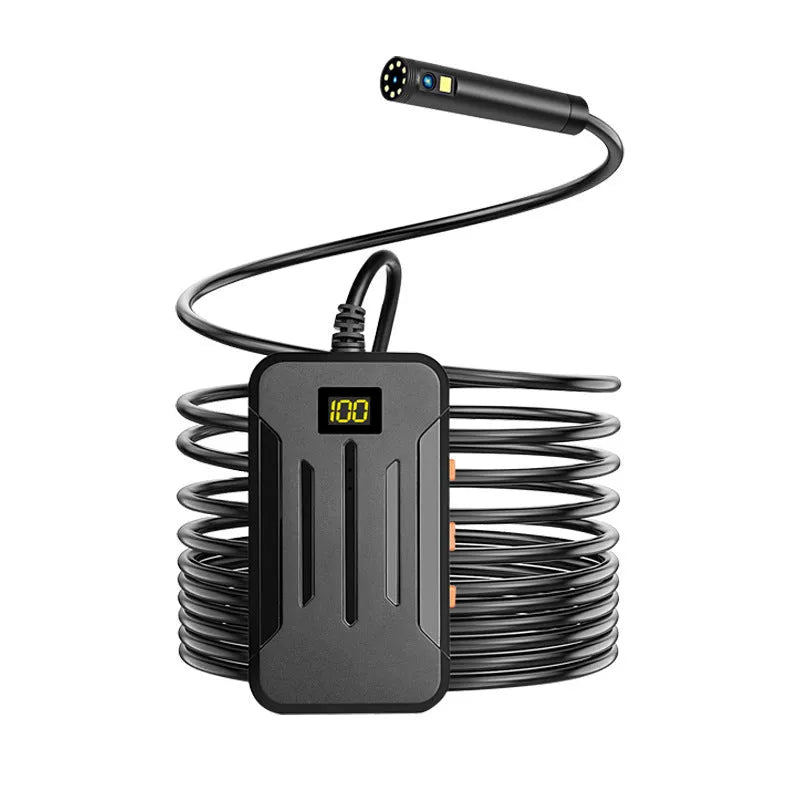 F300 WiFi dual lens endoscope with 5.5mm and 8mm waterproof probes, hook and magnet attachments.